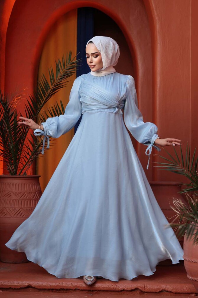 Tesettürlü Abiye Elbise - Drape Detaylı Bebek Mavisi Tesettür Abiye Elbise 62201BM - 1