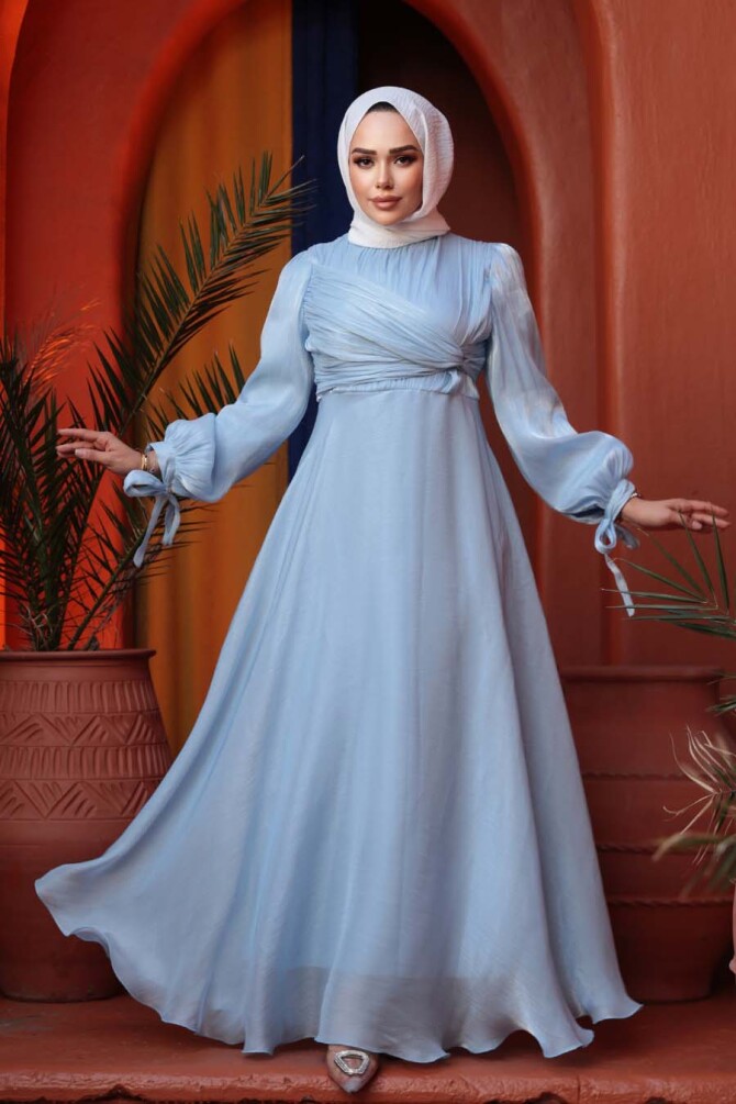 Tesettürlü Abiye Elbise - Drape Detaylı Bebek Mavisi Tesettür Abiye Elbise 62201BM - 2