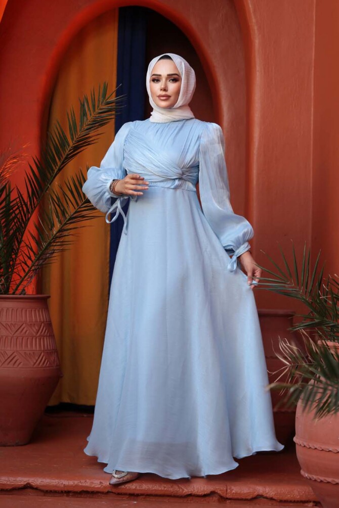 Tesettürlü Abiye Elbise - Drape Detaylı Bebek Mavisi Tesettür Abiye Elbise 62201BM - 3