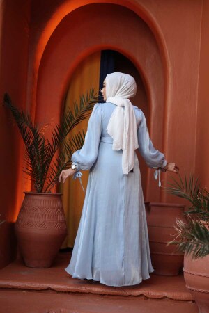 Tesettürlü Abiye Elbise - Drape Detaylı Bebek Mavisi Tesettür Abiye Elbise 62201BM - 4