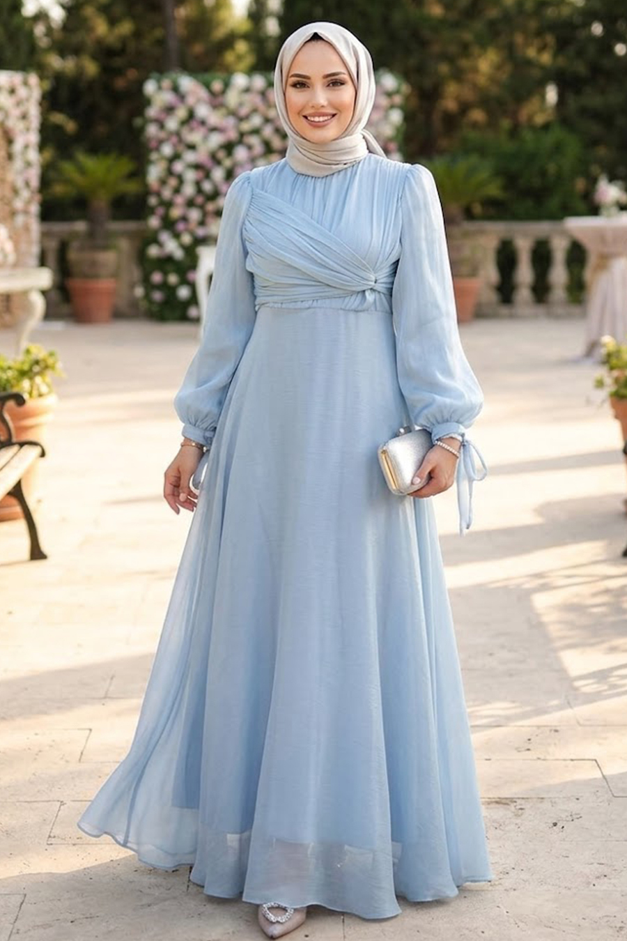 Tesettürlü Abiye Elbise - Drape Detaylı Bebek Mavisi Tesettür Abiye Elbise 62201BM