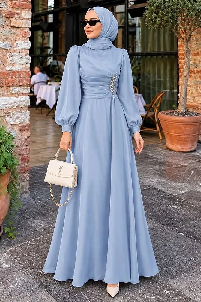 Tesettürlü Abiye Elbise - Drape Detaylı Bebek Mavisi Tesettür Saten Abiye Elbise 6261BBM - 1
