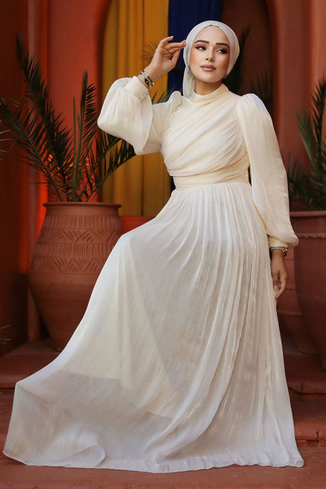 Tesettürlü Abiye Elbise - Drape Detaylı Bej Tesettür Abiye Elbise 44081BEJ - 1