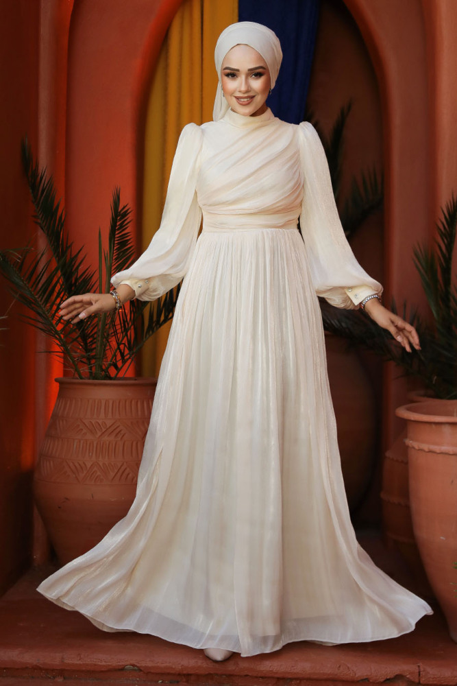 Tesettürlü Abiye Elbise - Drape Detaylı Bej Tesettür Abiye Elbise 44081BEJ - 2