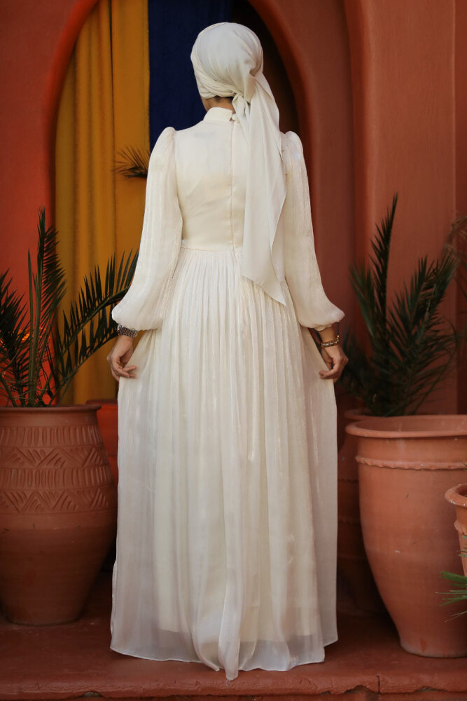 Tesettürlü Abiye Elbise - Drape Detaylı Bej Tesettür Abiye Elbise 44081BEJ - 7