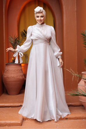 Tesettürlü Abiye Elbise - Drape Detaylı Bej Tesettür Abiye Elbise 4823BEJ - 2