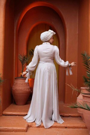 Tesettürlü Abiye Elbise - Drape Detaylı Bej Tesettür Abiye Elbise 4823BEJ - 3