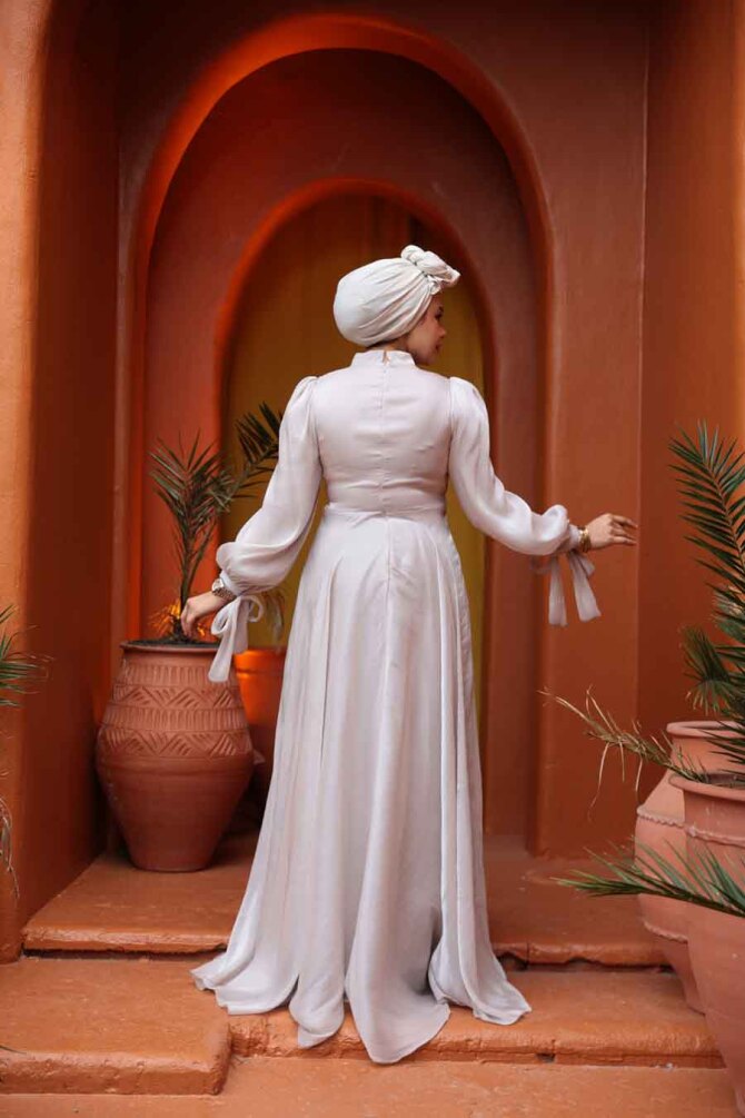 Tesettürlü Abiye Elbise - Drape Detaylı Bej Tesettür Abiye Elbise 4823BEJ - 3