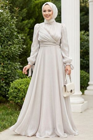 Tesettürlü Abiye Elbise - Drape Detaylı Bej Tesettür Abiye Elbise 4823BEJ 