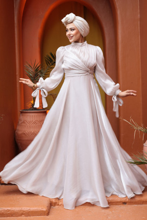 Tesettürlü Abiye Elbise - Drape Detaylı Bej Tesettür Abiye Elbise 4823BEJ 