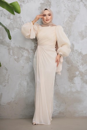 Tesettürlü Abiye Elbise - Drape Detaylı Bej Tesettür Abiye Elbise 50193BEJ 