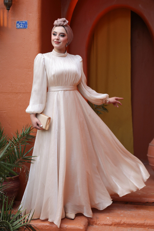 Tesettürlü Abiye Elbise - Drape Detaylı Bej Tesettür Abiye Elbise 51072BEJ 