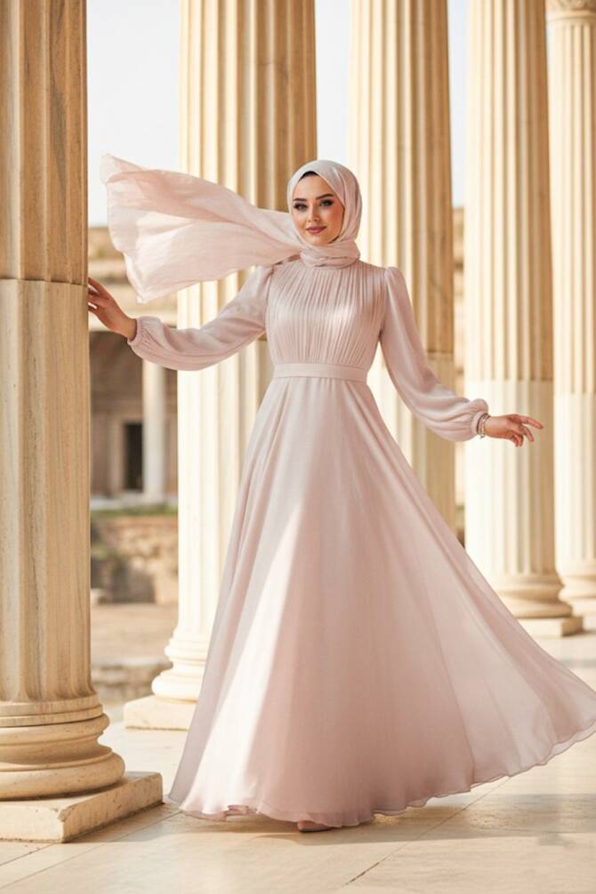 Tesettürlü Abiye Elbise - Drape Detaylı Bej Tesettür Abiye Elbise 51072BEJ - N.S NEVA STYLE