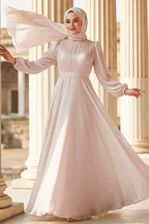 Tesettürlü Abiye Elbise - Drape Detaylı Bej Tesettür Abiye Elbise 51072BEJ 