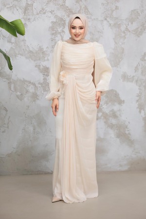 Tesettürlü Abiye Elbise - Drape Detaylı Bej Tesettür Abiye Elbise 51203BEJ - 2