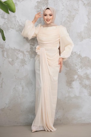 Tesettürlü Abiye Elbise - Drape Detaylı Bej Tesettür Abiye Elbise 51203BEJ - 1