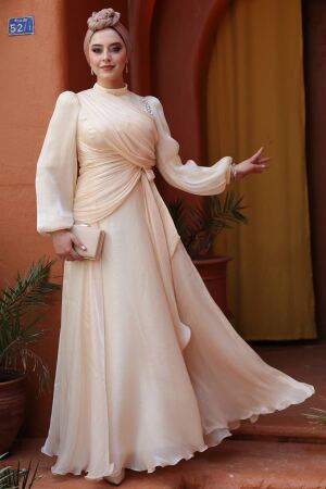 Tesettürlü Abiye Elbise - Drape Detaylı Bej Tesettür Abiye Elbise 51641BEJ - 2