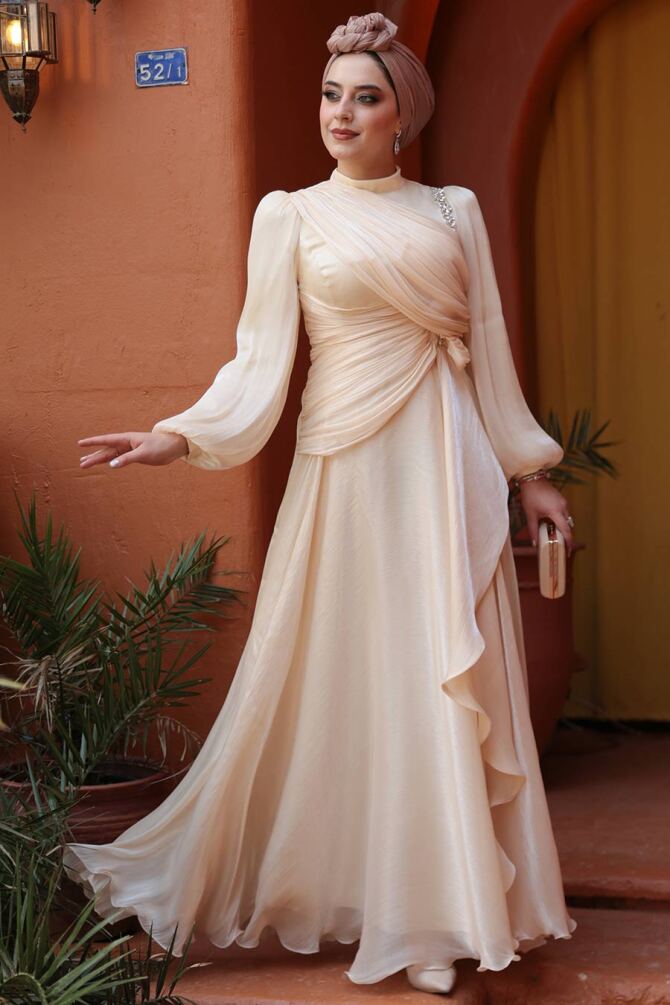 Tesettürlü Abiye Elbise - Drape Detaylı Bej Tesettür Abiye Elbise 51641BEJ - 1