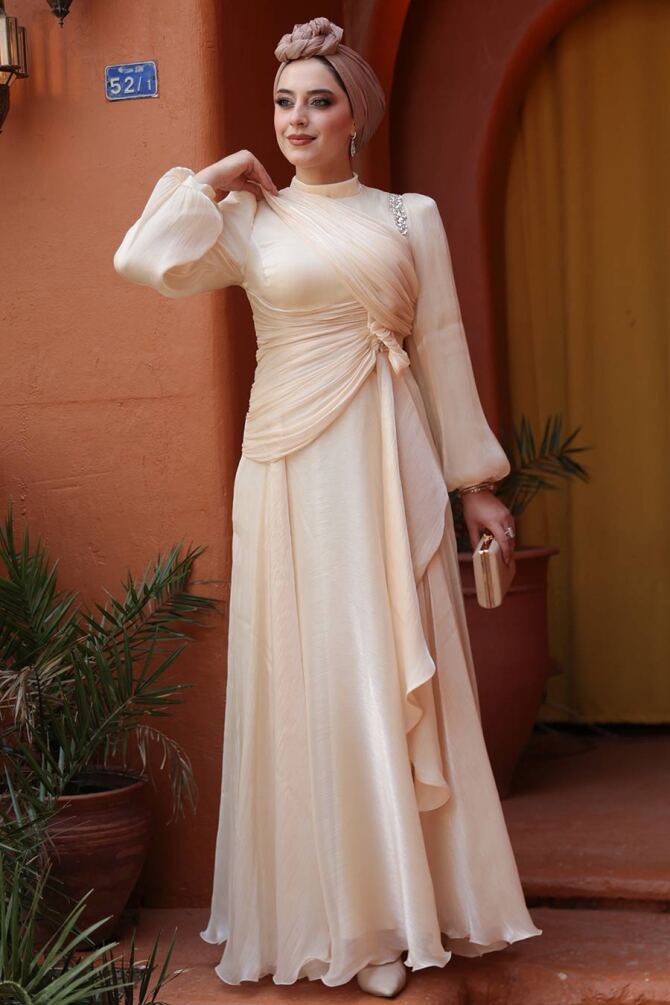 Tesettürlü Abiye Elbise - Drape Detaylı Bej Tesettür Abiye Elbise 51641BEJ - 3