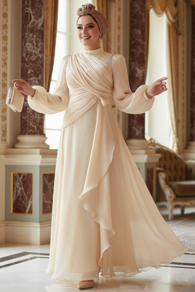 Tesettürlü Abiye Elbise - Drape Detaylı Bej Tesettür Abiye Elbise 51641BEJ - 1
