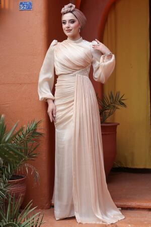 Tesettürlü Abiye Elbise - Drape Detaylı Bej Tesettür Abiye Elbise 52585BEJ - 3