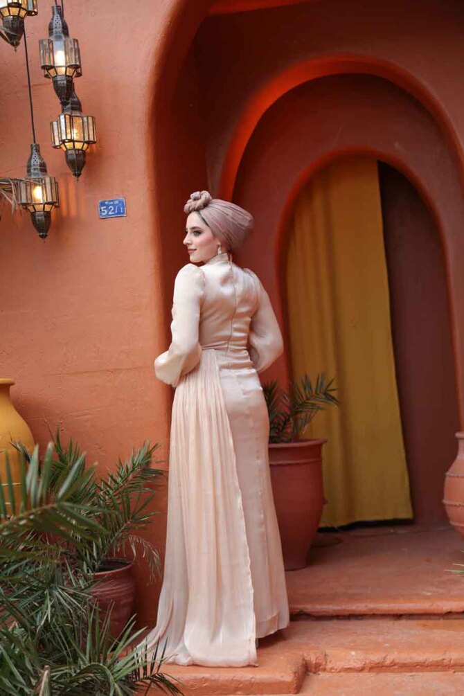 Tesettürlü Abiye Elbise - Drape Detaylı Bej Tesettür Abiye Elbise 52585BEJ - 4