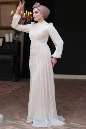 Tesettürlü Abiye Elbise - Drape Detaylı Bej Tesettür Abiye Elbise 52585BEJ 
