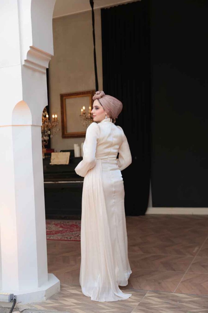 Tesettürlü Abiye Elbise - Drape Detaylı Bej Tesettür Abiye Elbise 52585BEJ - 4