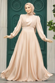  Tesettürlü Abiye Elbise - Drape Detaylı Bej Tesettür Saten Abiye Elbise 40621BEJ - Thumbnail