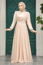  Tesettürlü Abiye Elbise - Drape Detaylı Bej Tesettür Saten Abiye Elbise 40621BEJ - Thumbnail