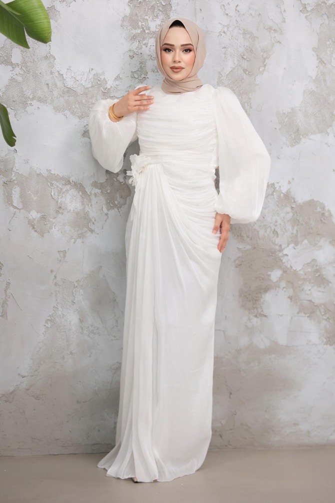 Tesettürlü Abiye Elbise - Drape Detaylı Beyaz Tesettür Abiye Elbise 51203B - 2