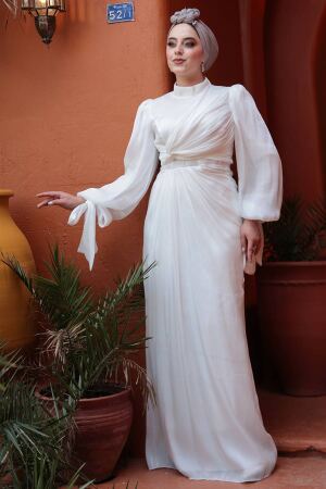 Tesettürlü Abiye Elbise - Drape Detaylı Beyaz Tesettür Abiye Elbise 52285B - 2