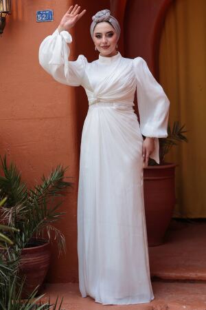 Tesettürlü Abiye Elbise - Drape Detaylı Beyaz Tesettür Abiye Elbise 52285B - 4