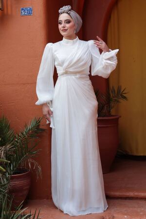 Tesettürlü Abiye Elbise - Drape Detaylı Beyaz Tesettür Abiye Elbise 52285B - 5
