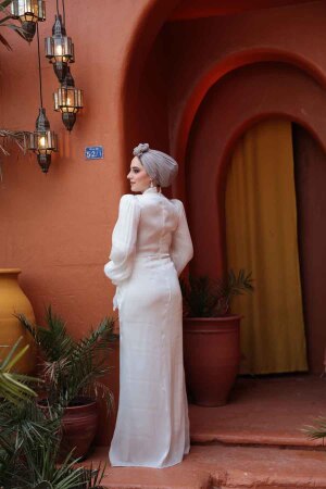 Tesettürlü Abiye Elbise - Drape Detaylı Beyaz Tesettür Abiye Elbise 52285B - 6