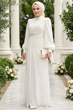 Tesettürlü Abiye Elbise - Drape Detaylı Beyaz Tesettür Abiye Elbise 52285B - 1