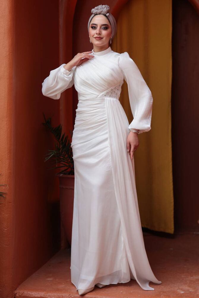 Tesettürlü Abiye Elbise - Drape Detaylı Beyaz Tesettür Abiye Elbise 52585B - 4