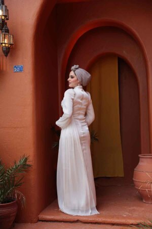 Tesettürlü Abiye Elbise - Drape Detaylı Beyaz Tesettür Abiye Elbise 52585B - 5