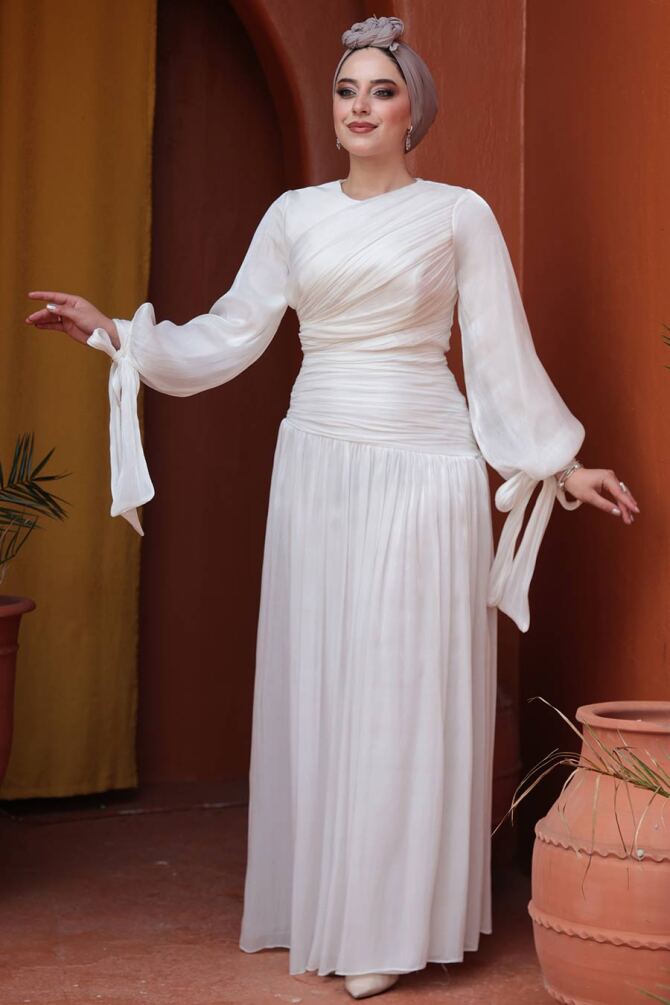Tesettürlü Abiye Elbise - Drape Detaylı Beyaz Tesettür Abiye Elbise 53631B - 4