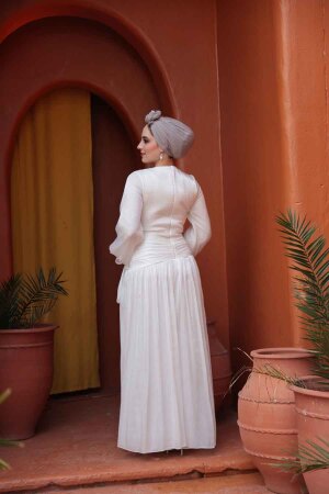 Tesettürlü Abiye Elbise - Drape Detaylı Beyaz Tesettür Abiye Elbise 53631B - 5
