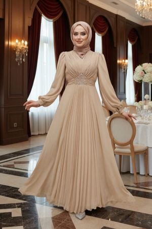 Tesettürlü Abiye Elbise - Drape Detaylı Bisküvi Tesettür Abiye Elbise 4448BS - 1