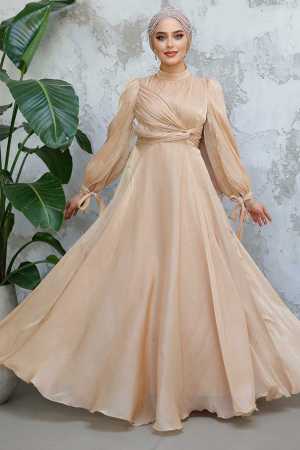 Tesettürlü Abiye Elbise - Drape Detaylı Bisküvi Tesettür Abiye Elbise 4823BS - 1