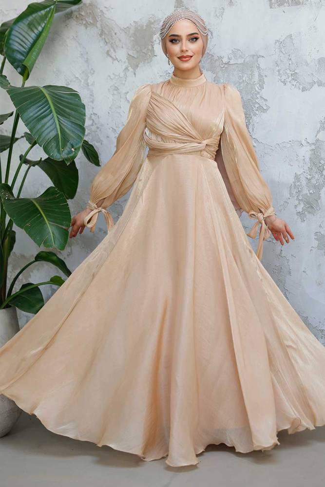 Tesettürlü Abiye Elbise - Drape Detaylı Bisküvi Tesettür Abiye Elbise 4823BS - 1