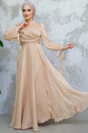 Tesettürlü Abiye Elbise - Drape Detaylı Bisküvi Tesettür Abiye Elbise 4823BS - 3
