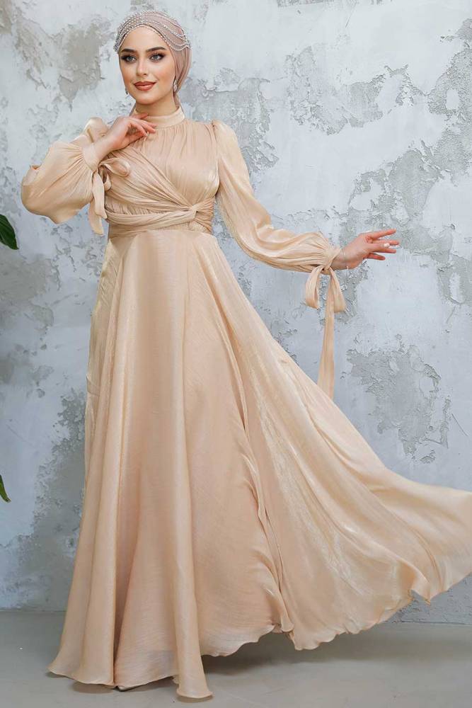 Tesettürlü Abiye Elbise - Drape Detaylı Bisküvi Tesettür Abiye Elbise 4823BS - 3
