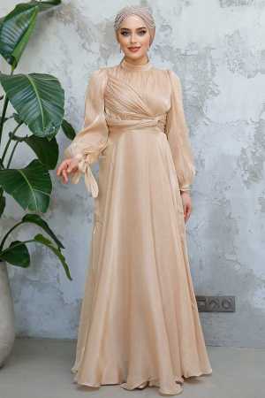 Tesettürlü Abiye Elbise - Drape Detaylı Bisküvi Tesettür Abiye Elbise 4823BS - 2