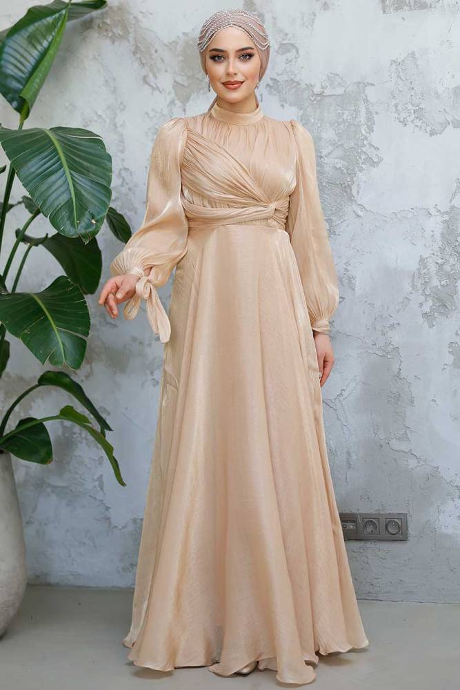 Tesettürlü Abiye Elbise - Drape Detaylı Bisküvi Tesettür Abiye Elbise 4823BS - 2
