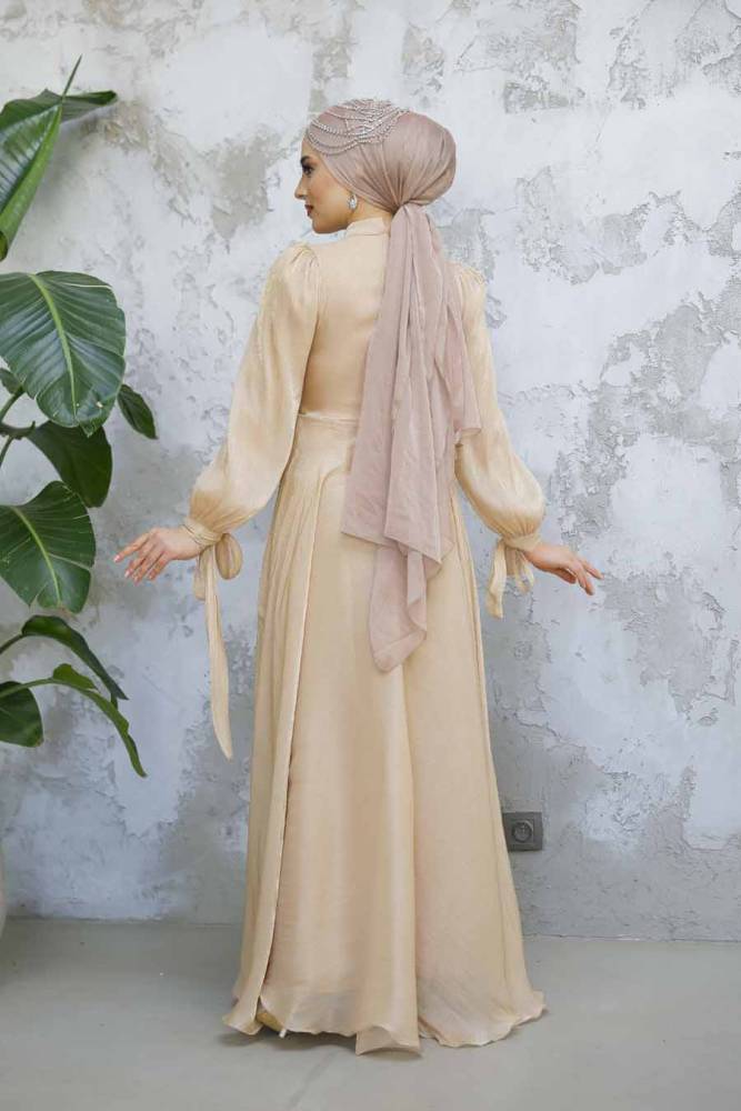 Tesettürlü Abiye Elbise - Drape Detaylı Bisküvi Tesettür Abiye Elbise 4823BS - 4