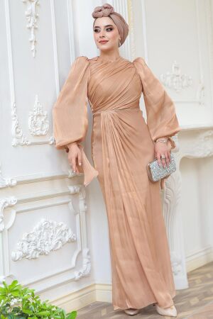 Tesettürlü Abiye Elbise - Drape Detaylı Bisküvi Tesettür Abiye Elbise 50193BS - 2