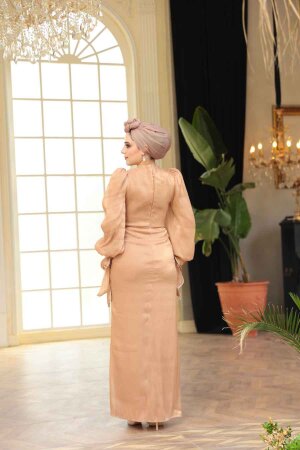 Tesettürlü Abiye Elbise - Drape Detaylı Bisküvi Tesettür Abiye Elbise 50193BS - 5